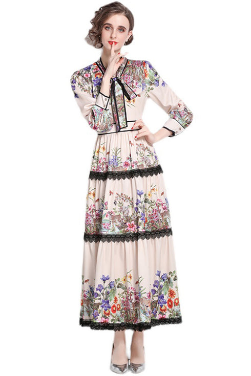 Runway Fashion Eye-Catching Floral Print Bow-Neck, Lantern Sleeve, Lace Up Vintage Women Autumn  Ruffled, Flared Holiday, Party Maxi Dress